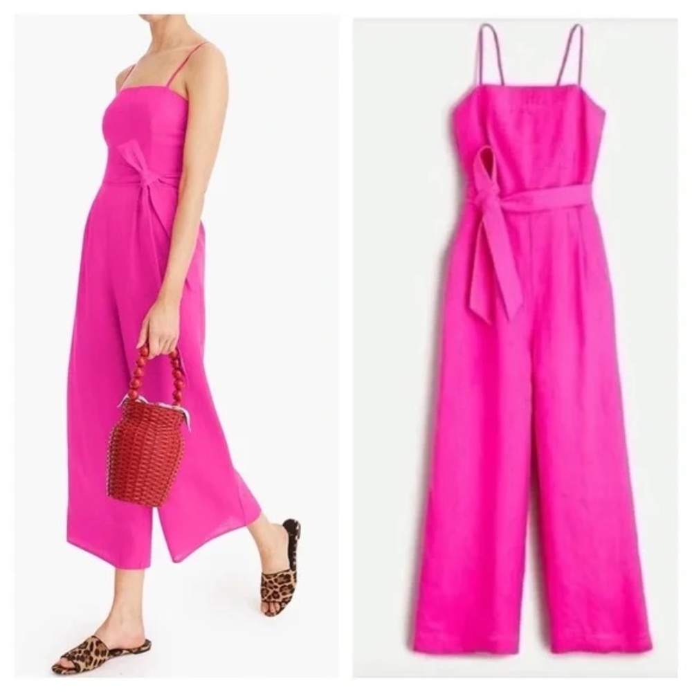 J. Crew Linen Jumpsuit Tie Waist Women’s Neon Hot Pink Wide Leg Cropped NWT 4 T